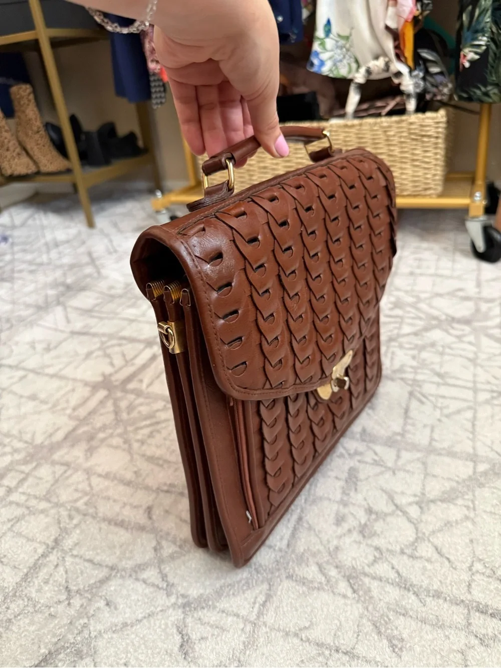 Vintage Woven Brown Leather Briefcase Satchel Bag Boho Dark Academia